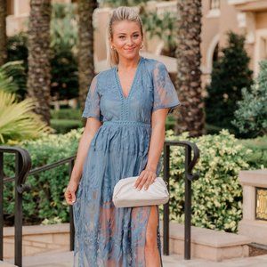CROSSING PATHS LACE MAXI BLUE DRESS ROMPER SMALL
